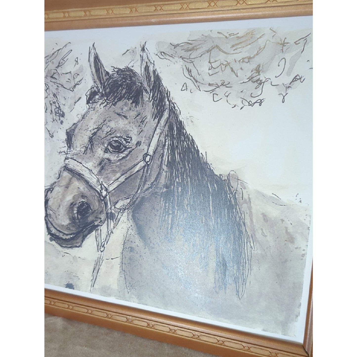 Framed Equestrian Horse Art Print, Neutral Rustic Study Vintage Style Wood Frame