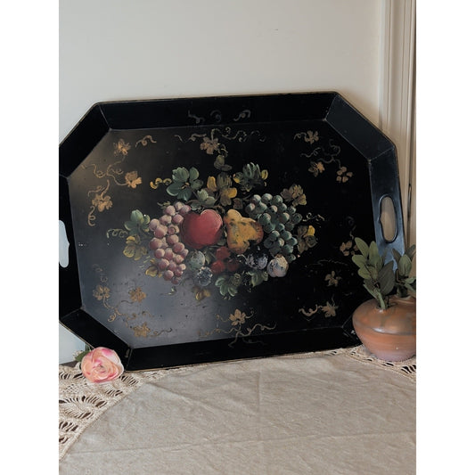 Vintage Large Hand Painted Toleware Tray Fruit Still Life Cottagecore Grannycore