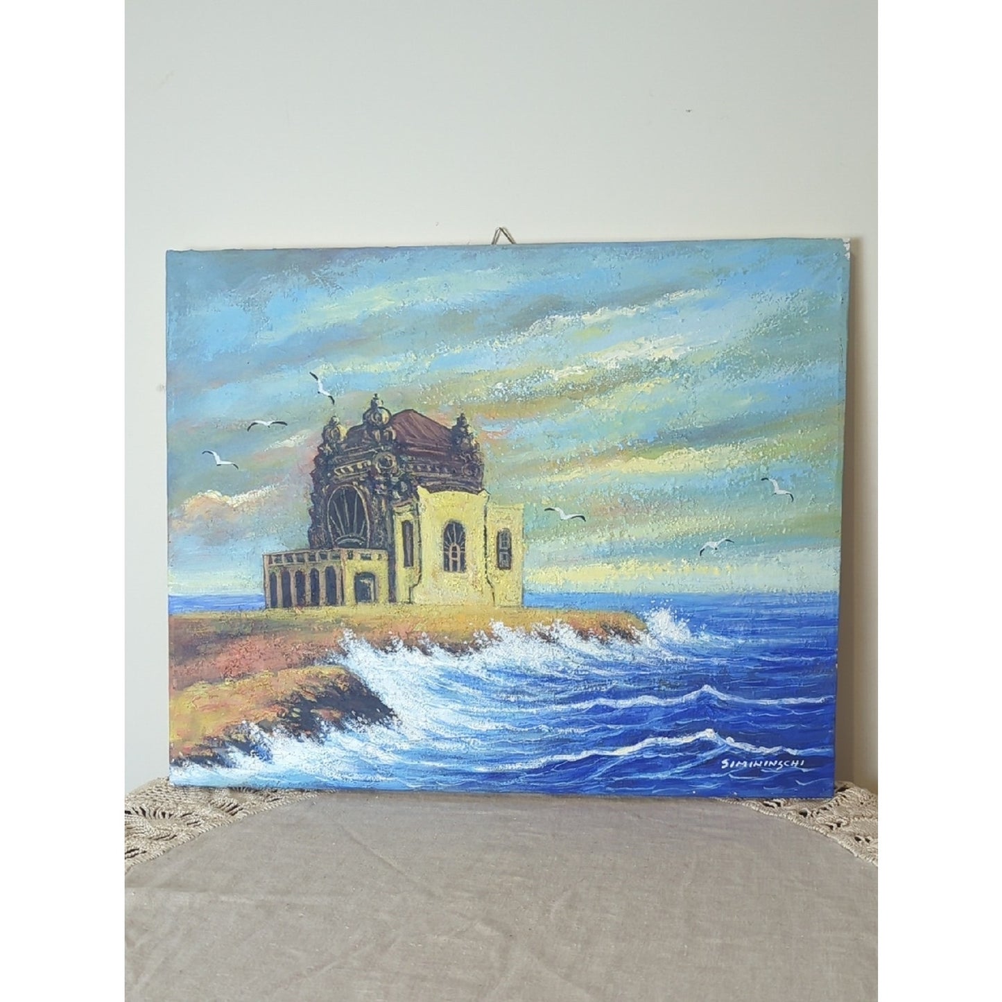 Signed Coastal Seascape Texture Painting Mediterranean Architecture Ocean Waves