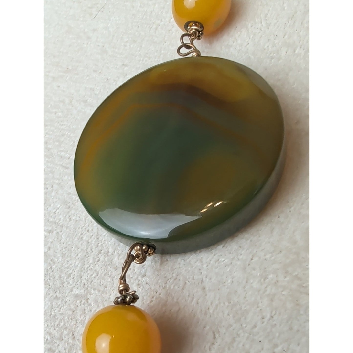 Gold Tone Statement Necklace with Genuine Green Agate & Glass Beads Asymmetric