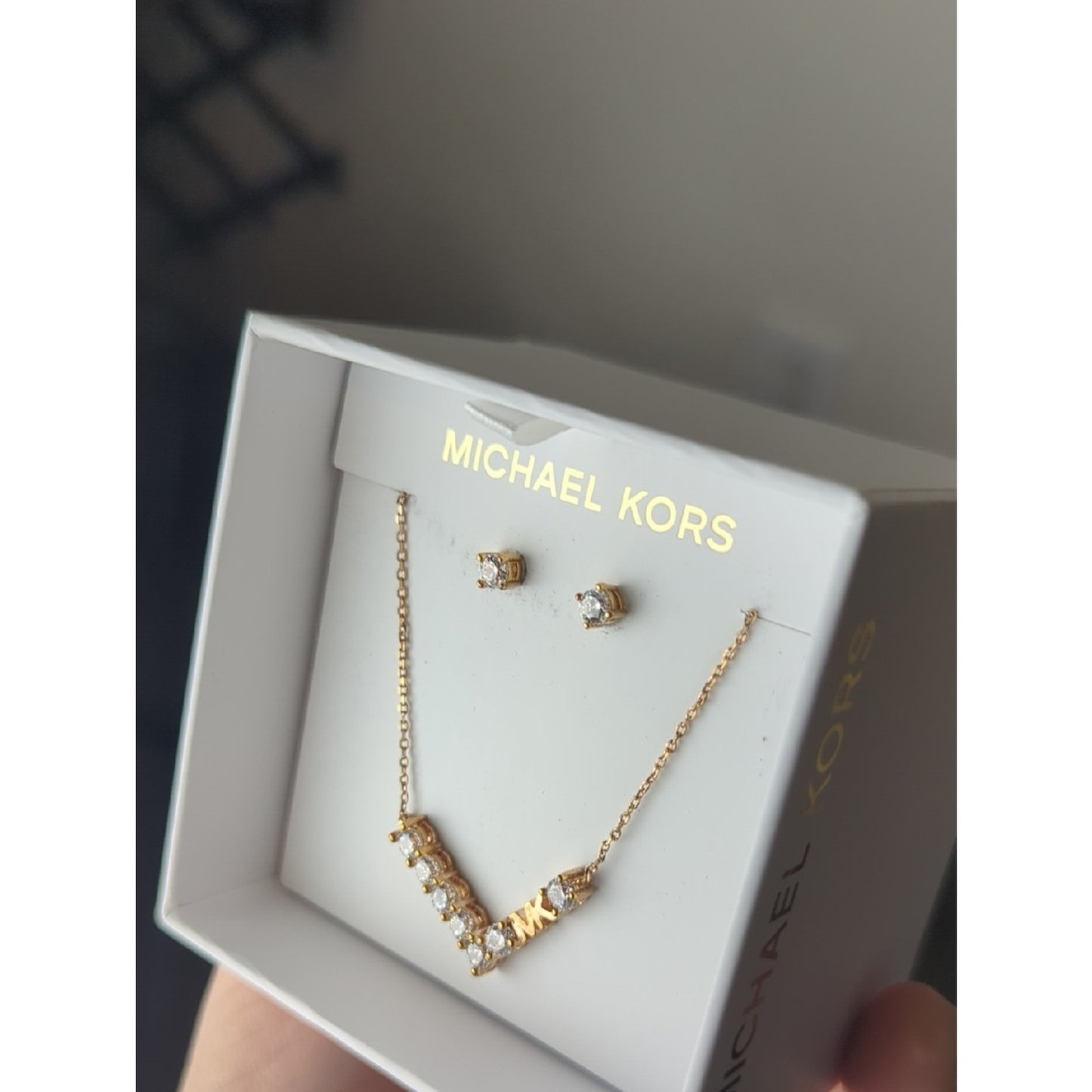 Michael Kors Rose Gold Necklace & Earrings Set  Crystal MK Pendant Jewelry