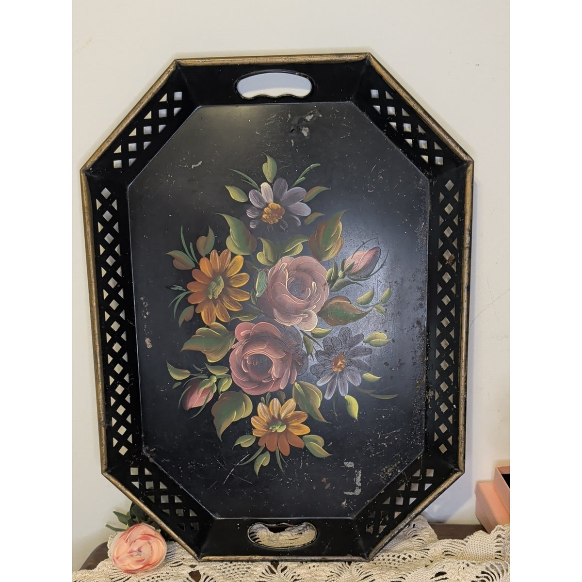 Vintage Tashco Hand Painted Toleware Tray 20” Floral Black Metal Pierced Edge