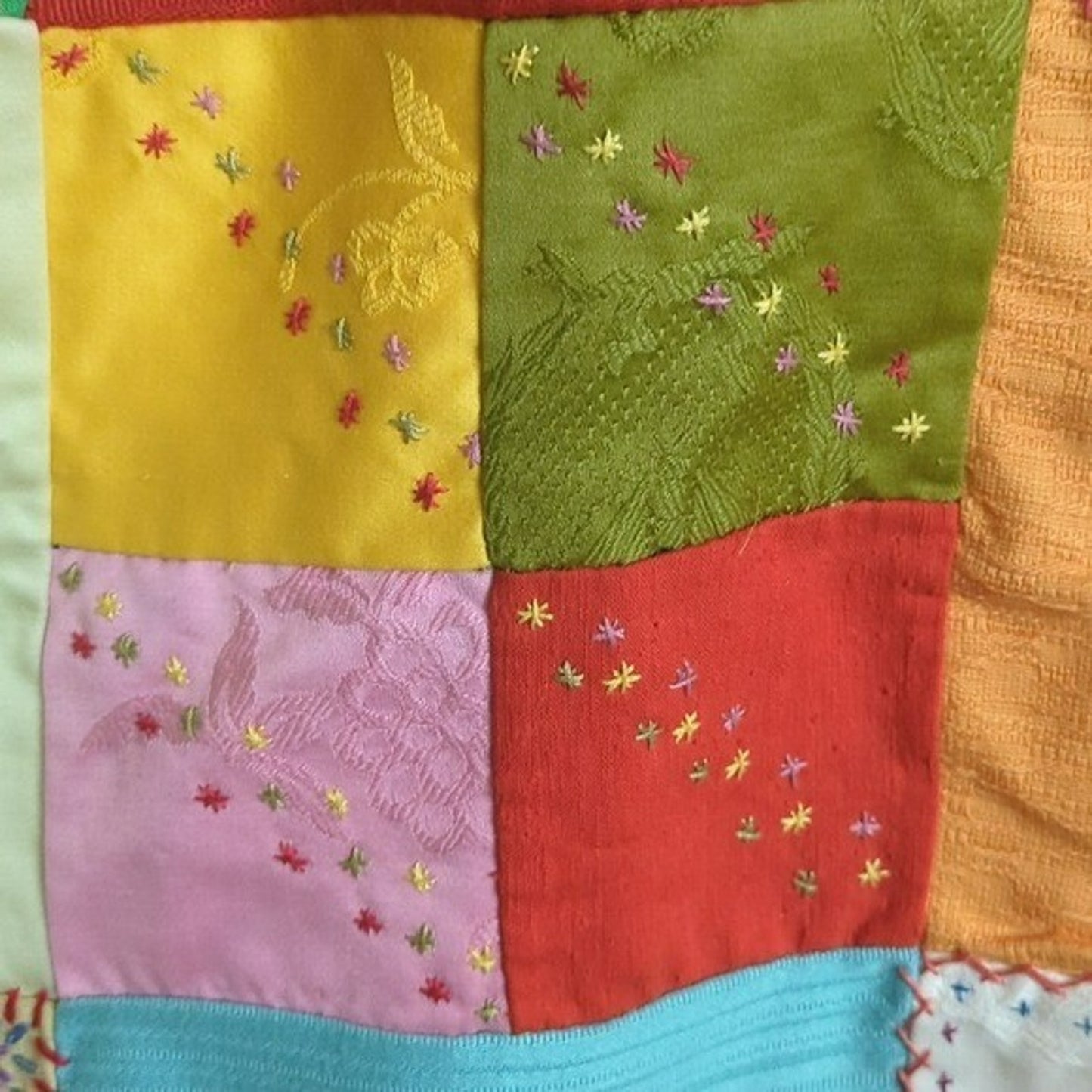 Crazy Quilt Large Rare Vintage Patchwork Quilt Embroidered Gold Satin Back 58x88