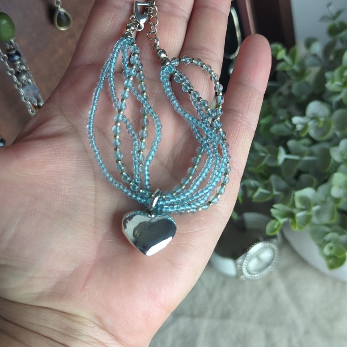 Vintage Blue Glass Beaded Bracelet Heart Locket Multi Strand