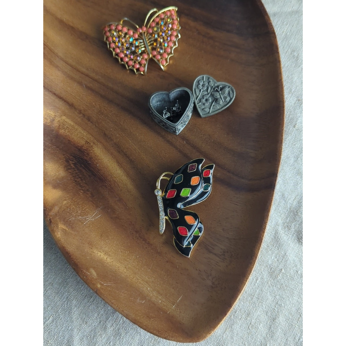 Vintage Butterfly Brooch Set 90s Enamel Rhinestone Butterflies Heart Trinket Box