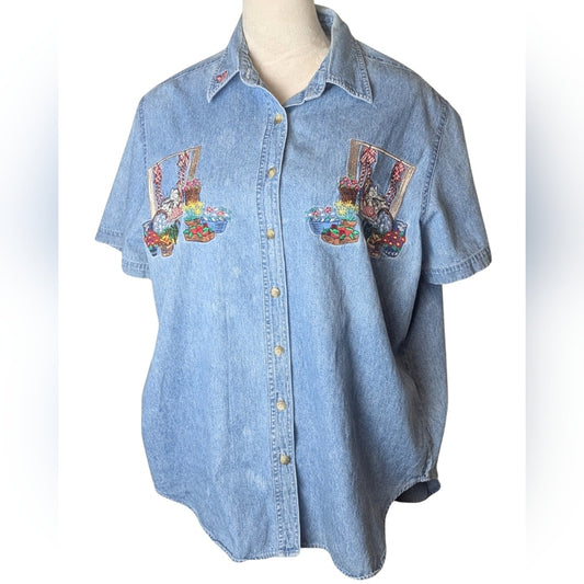 Vintage Embroidered Cat Denim 90s Y2K Chambray Button Up Cottagecore Top