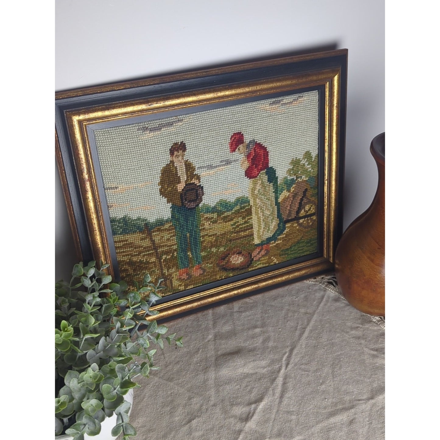 1960s Vintage Handmade Needlepoint Prayerful Farm Couple After Artist Millet