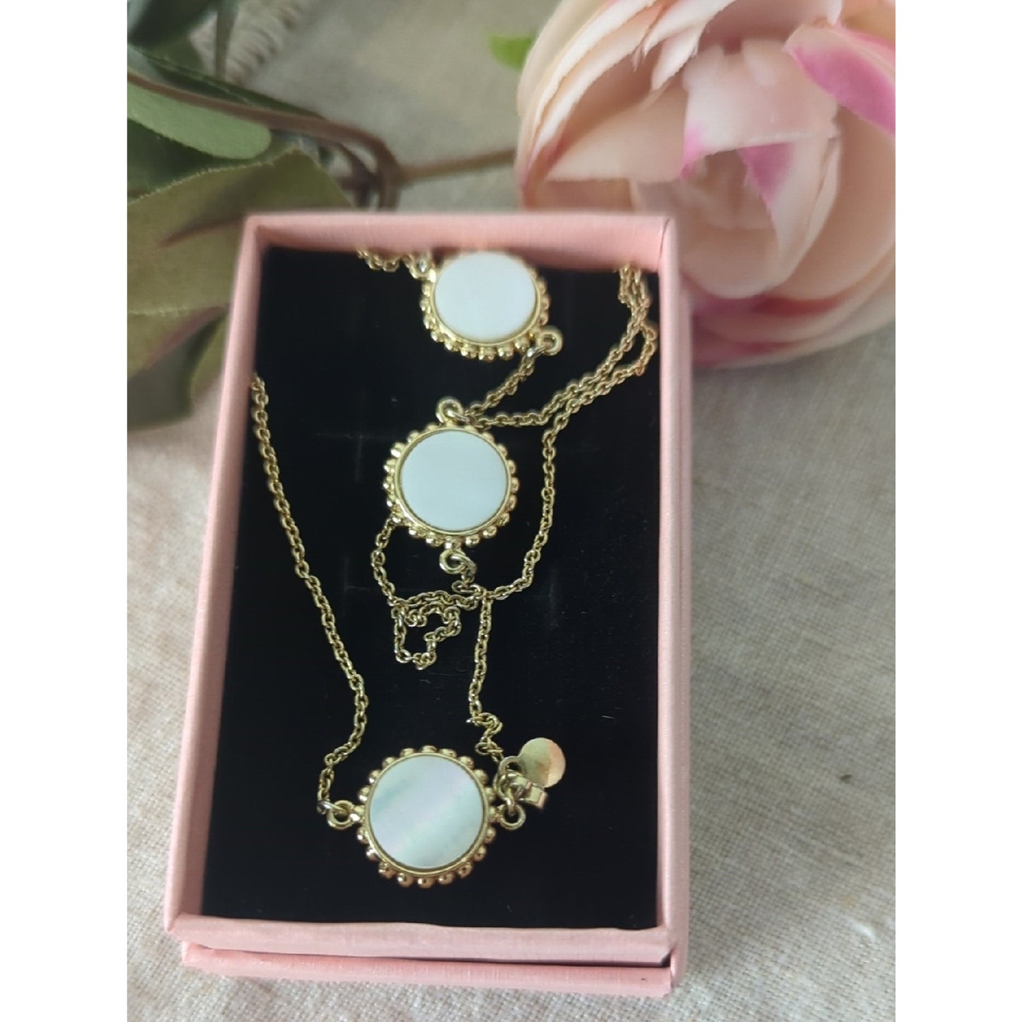 Mother of Pearl Long Layered Gold Necklace, Iridescent Shell Station Coastal