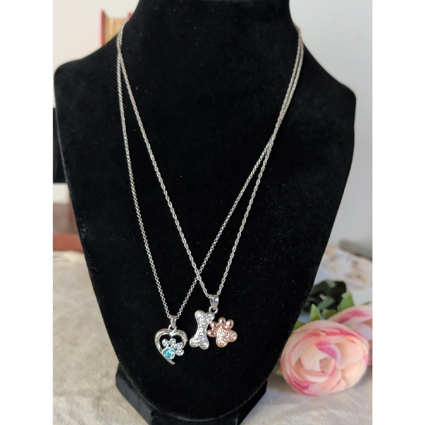 Two FAC Crystal Pet Lover Necklaces  Dog Bone, Paw Print & Heart Pendants