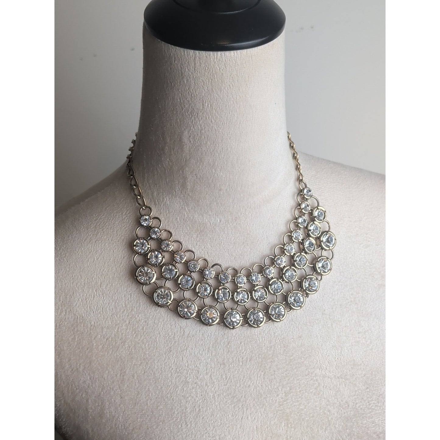 Vintage Crystal Multi-Row Statement Necklace - Gold Tone Glam