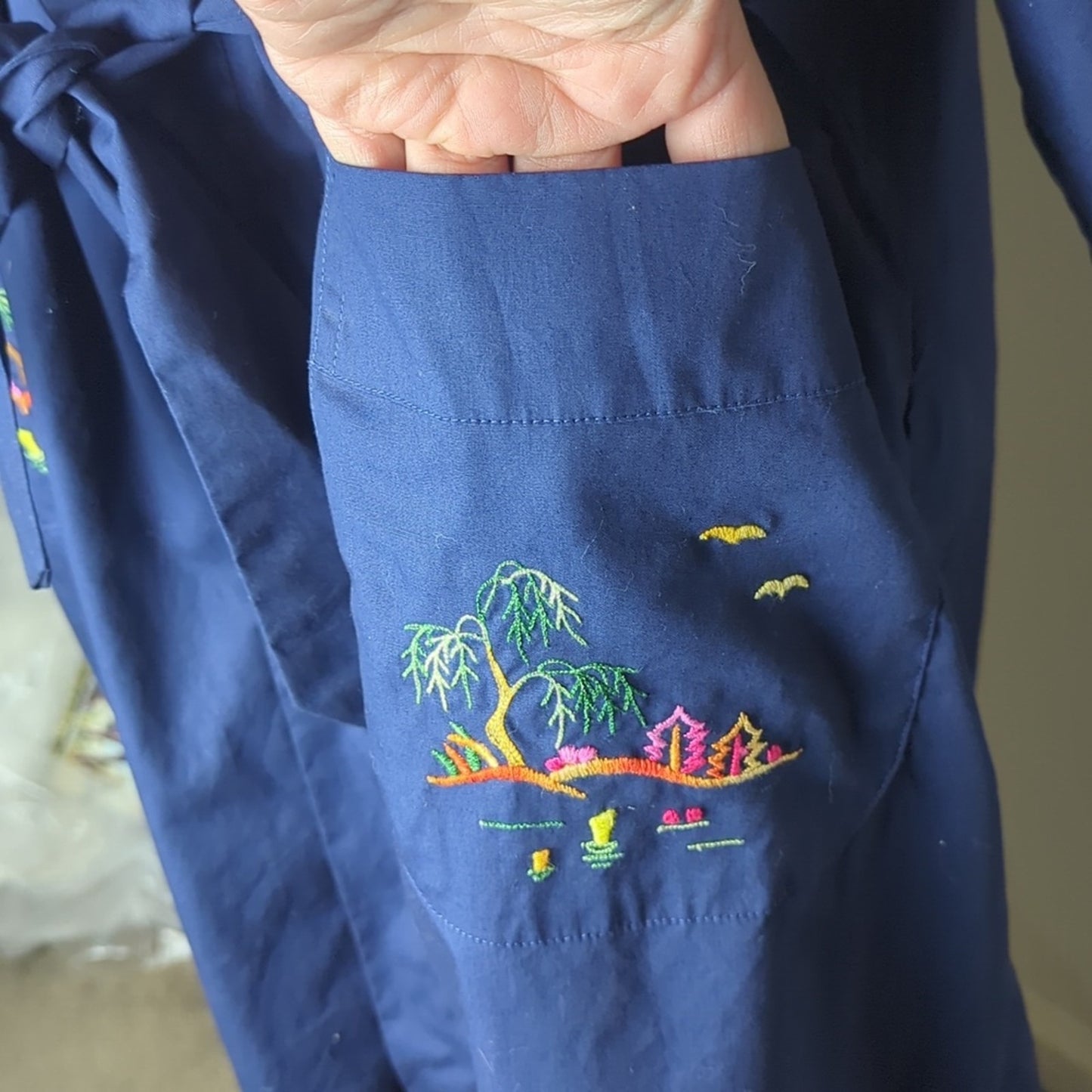Vintage Japanese-Inspired Kimono Robe Navy Wrap Duster  Embroidered Pockets