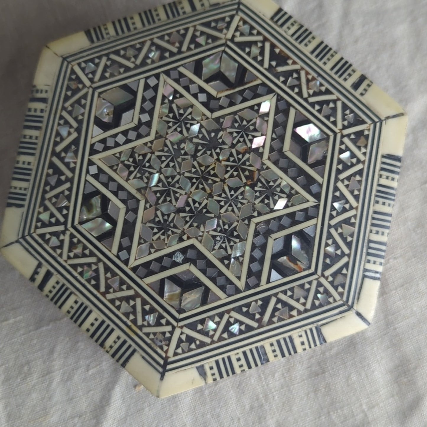 Vintage Damascus Mosaic Jewelry Box, Syrian Mother of Pearl Inlay Trinket Box