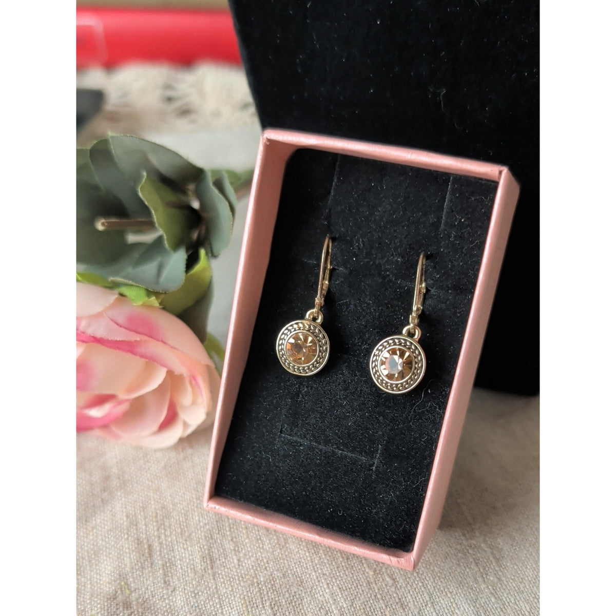 Vintage Napier Smoky Crystal Drop Earrings Silver Tone Leverback