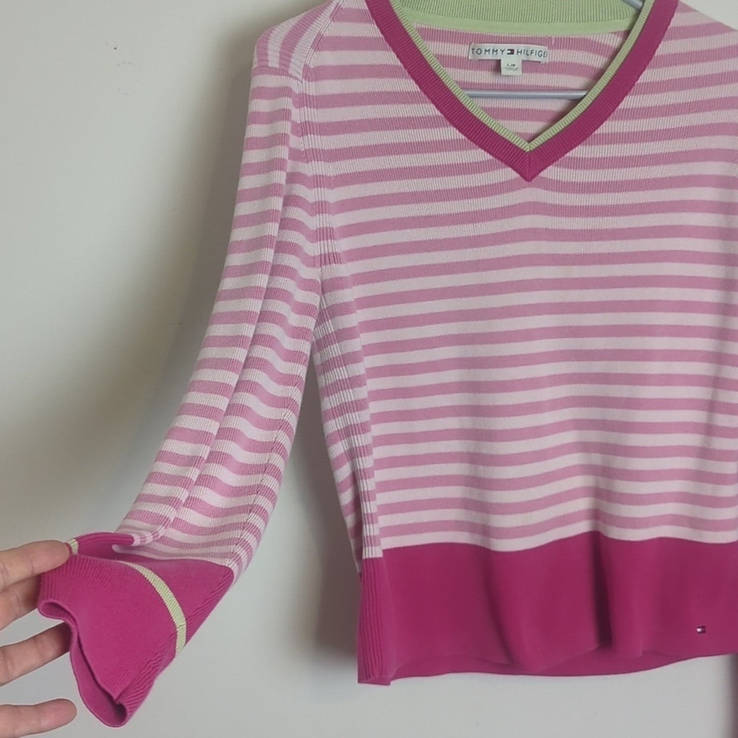 Y2K Tommy Hilfinger Cropped Preppy Tight Knit Sweater Pink Women's Size L