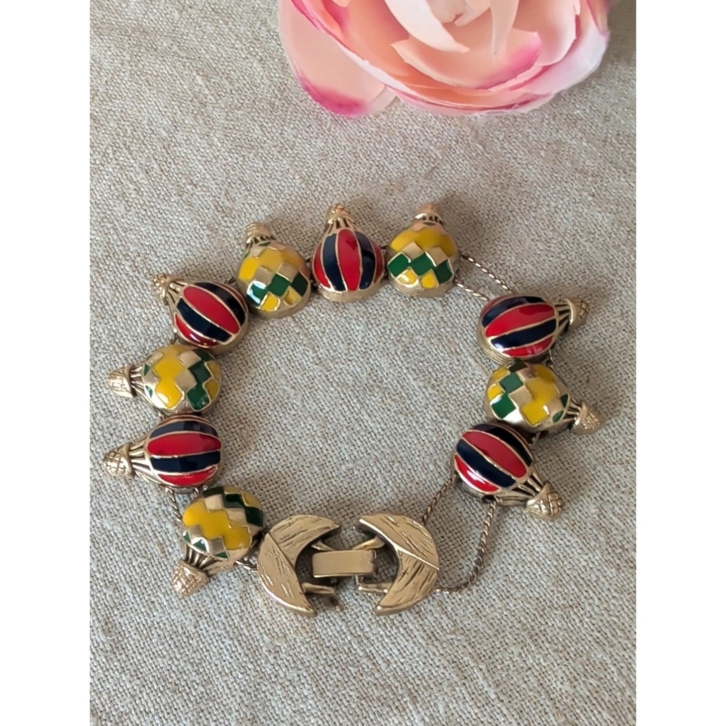 Enamel Whimsical Air Balloon Link Bracelet in Yellow, Red, Green &Blue