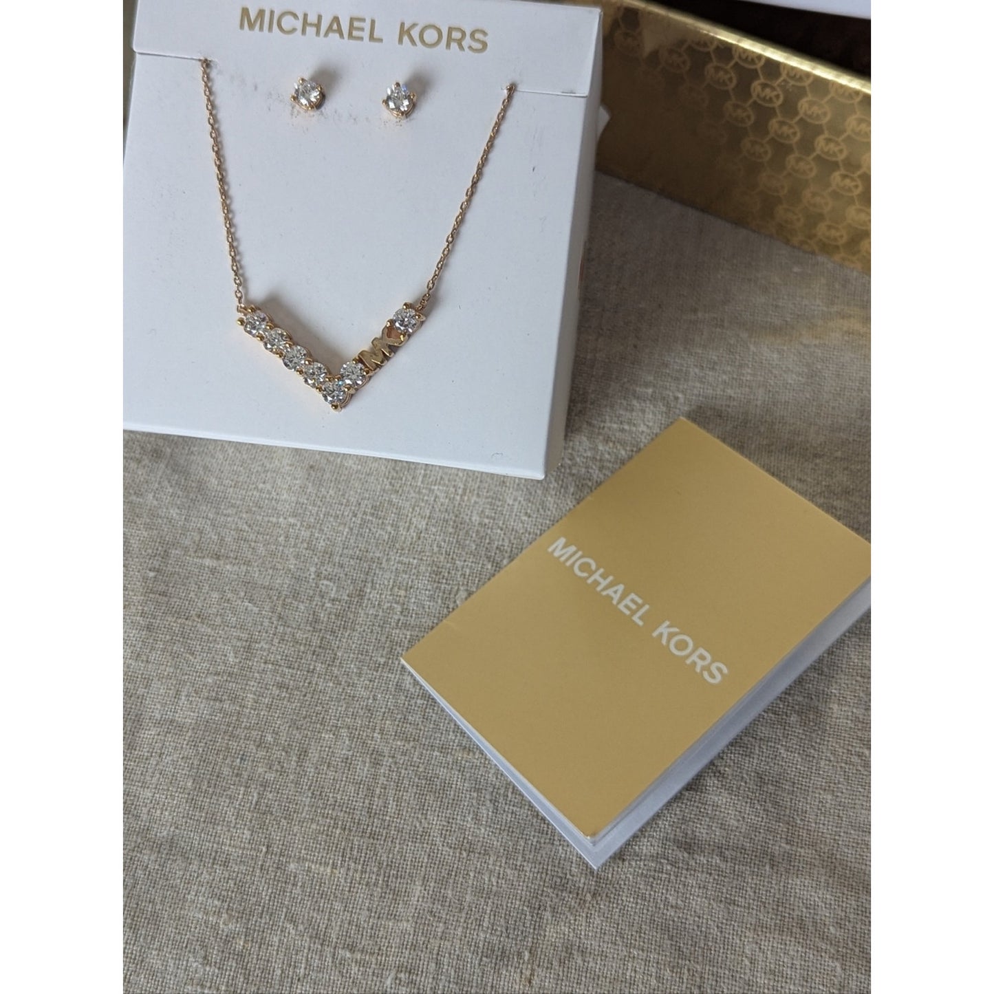 Michael Kors Rose Gold Necklace & Earrings Set  Crystal MK Pendant Jewelry