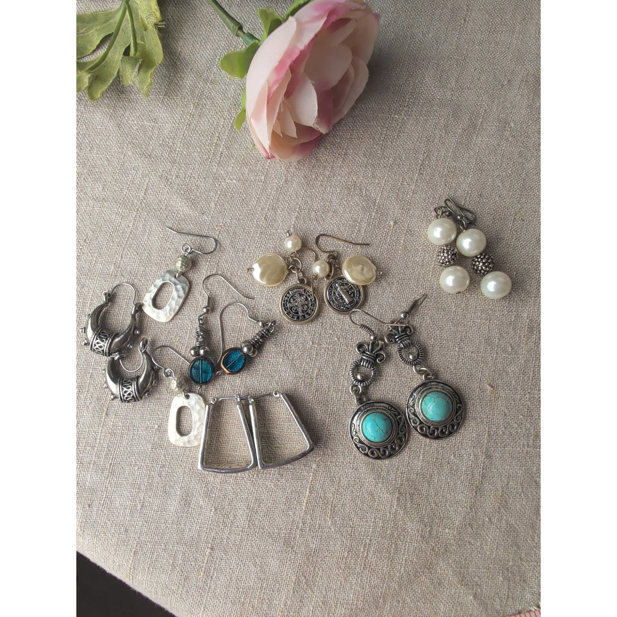 Seven Pair Earring Set Boho Tribal Silver Tone Faux Pearl /Turquoise