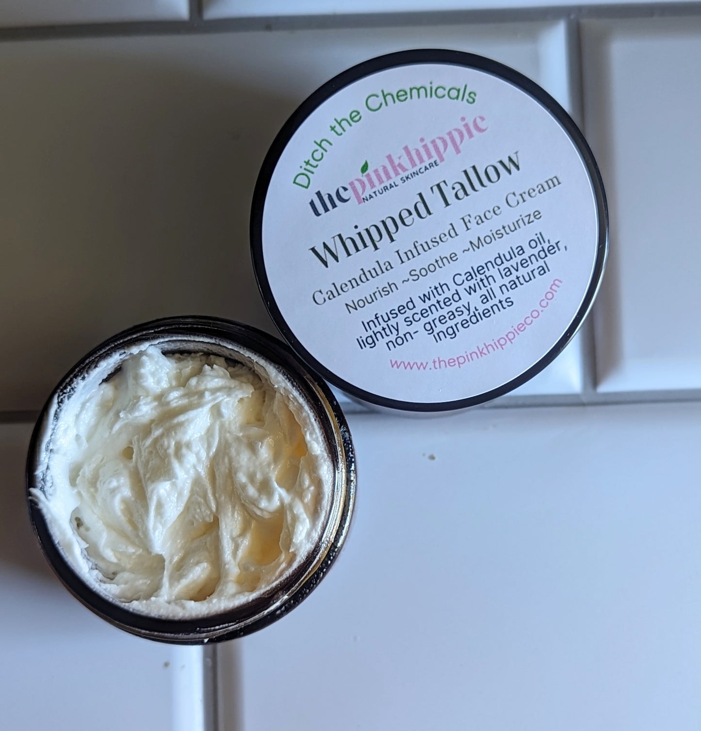 Whipped Tallow Face Cream Infused with Calendula 2oz Amber Class Jar Lightly Scented  Lavender Essential oil