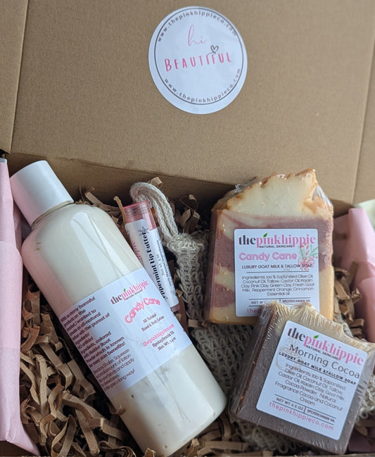 Gift Mystery boxes!!! Includes 2 Handcrafted Soaps, 1 Lotion or Body Butter,1 Lip Butter, 1 Soap Saver Bag!! $50 value!